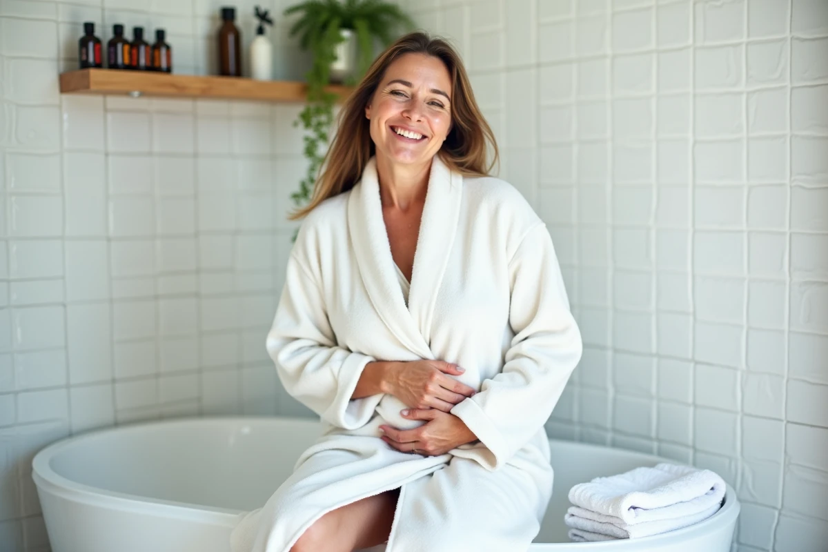 Femme en robe de bain appliquant une compresse chaude sur le bas-ventre pour soulager une infection urinaire naturellement