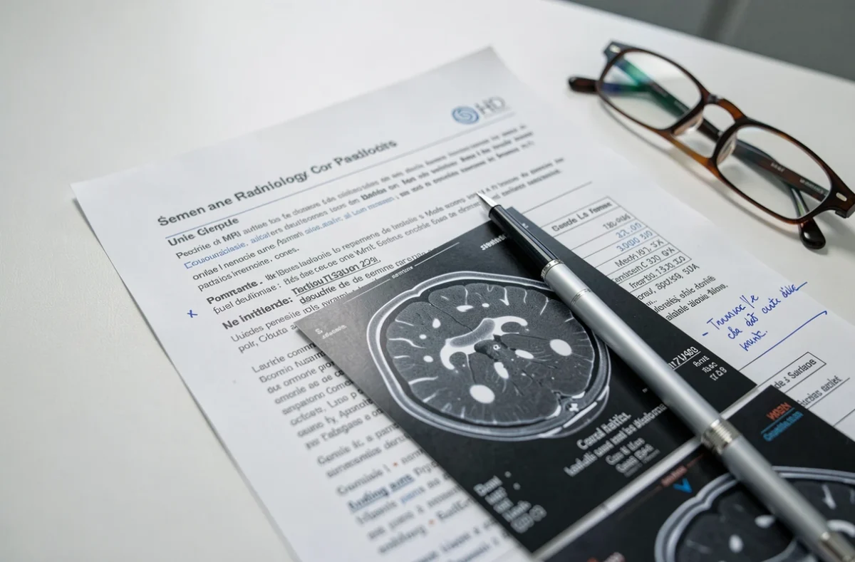 Compte rendu IRM imprimé avec film radiologique montrant un hypersignal cérébral et annotations médicales sur bureau