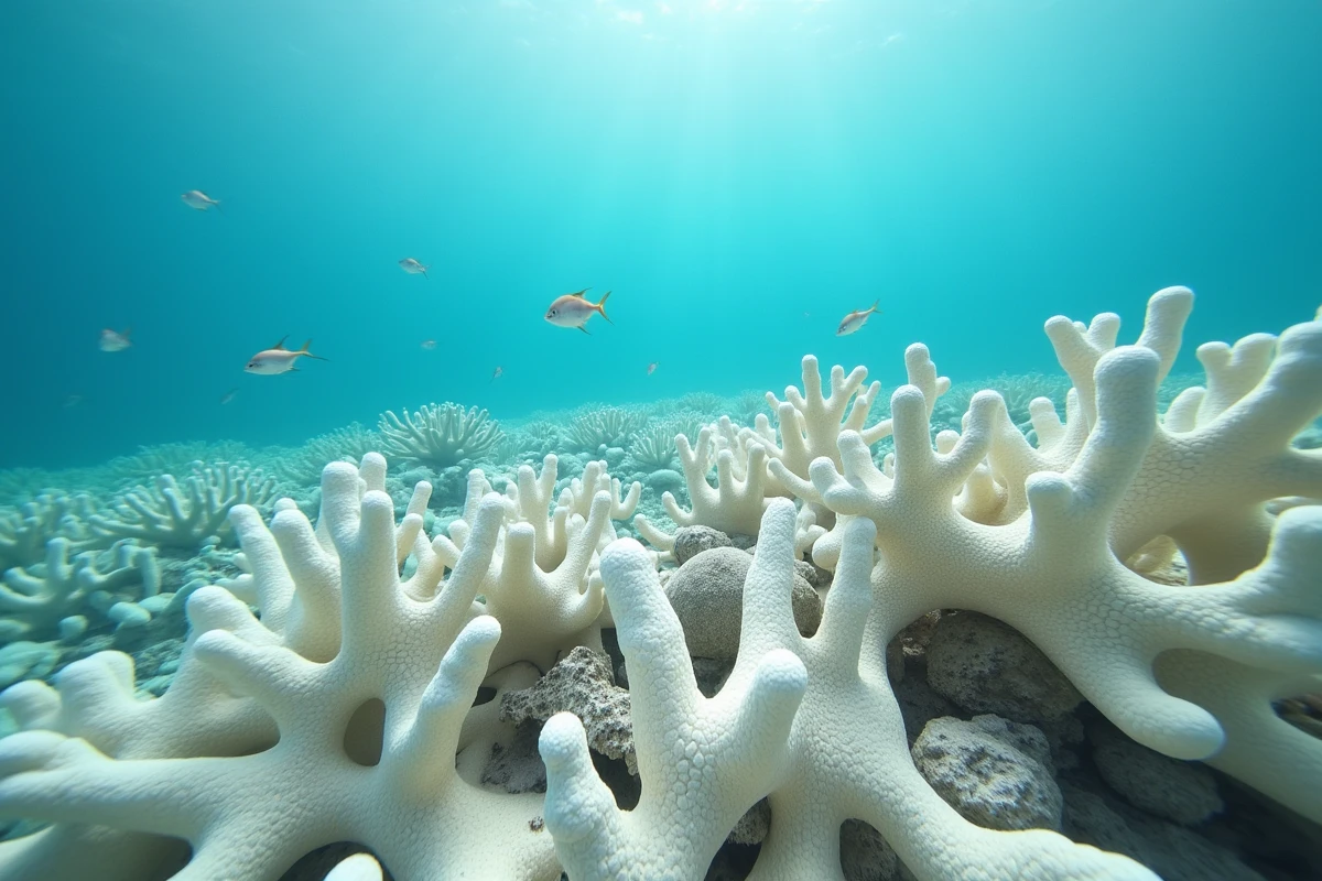 Récif corallien blanchi et mort dans les eaux tropicales illustrant le blanchissement des coraux dû au réchauffement climatique et à l'acidification des océans