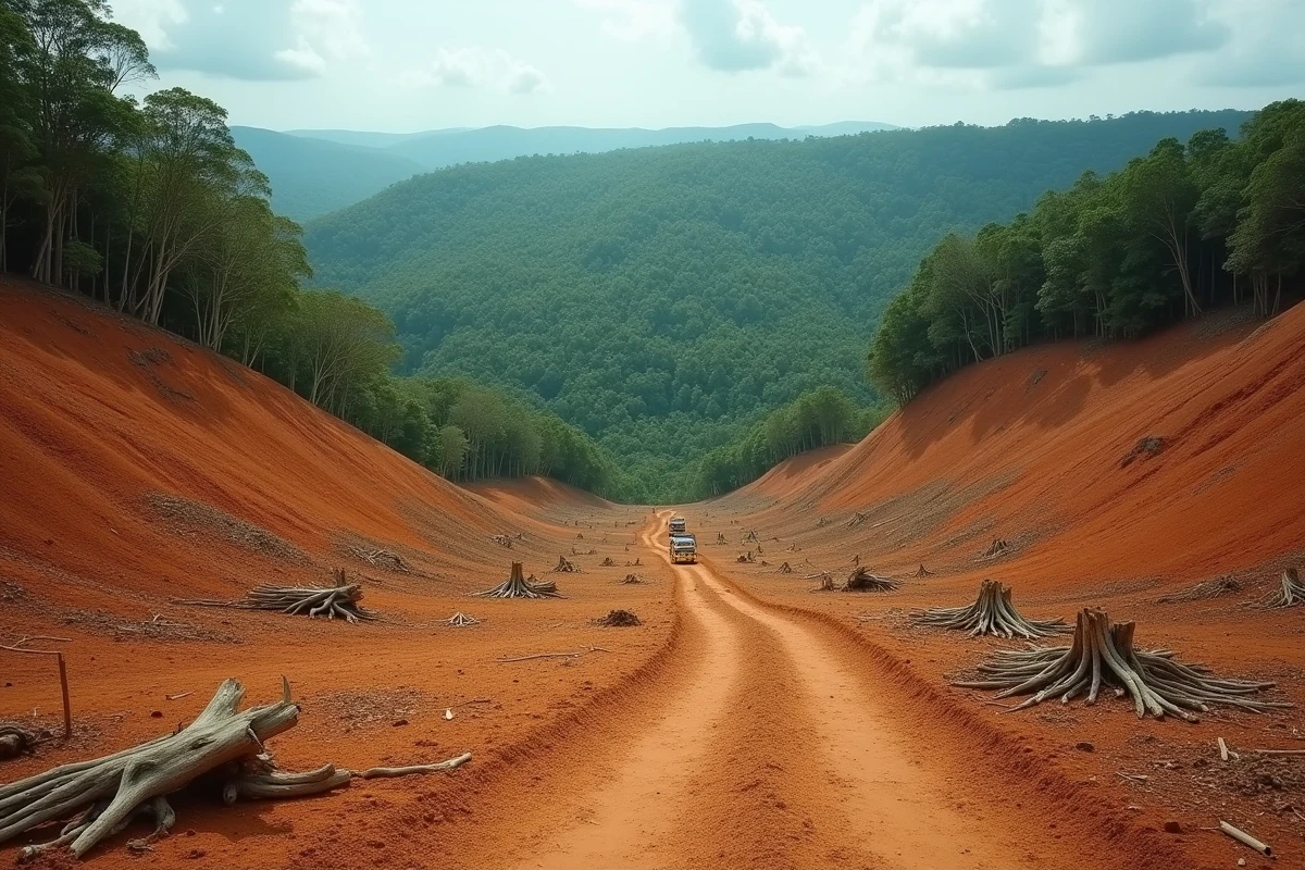 Déforestation massive en Amazonie montrant une colline déboisée avec des souches d'arbres et un contraste saisissant avec la forêt tropicale intacte en arrière-plan