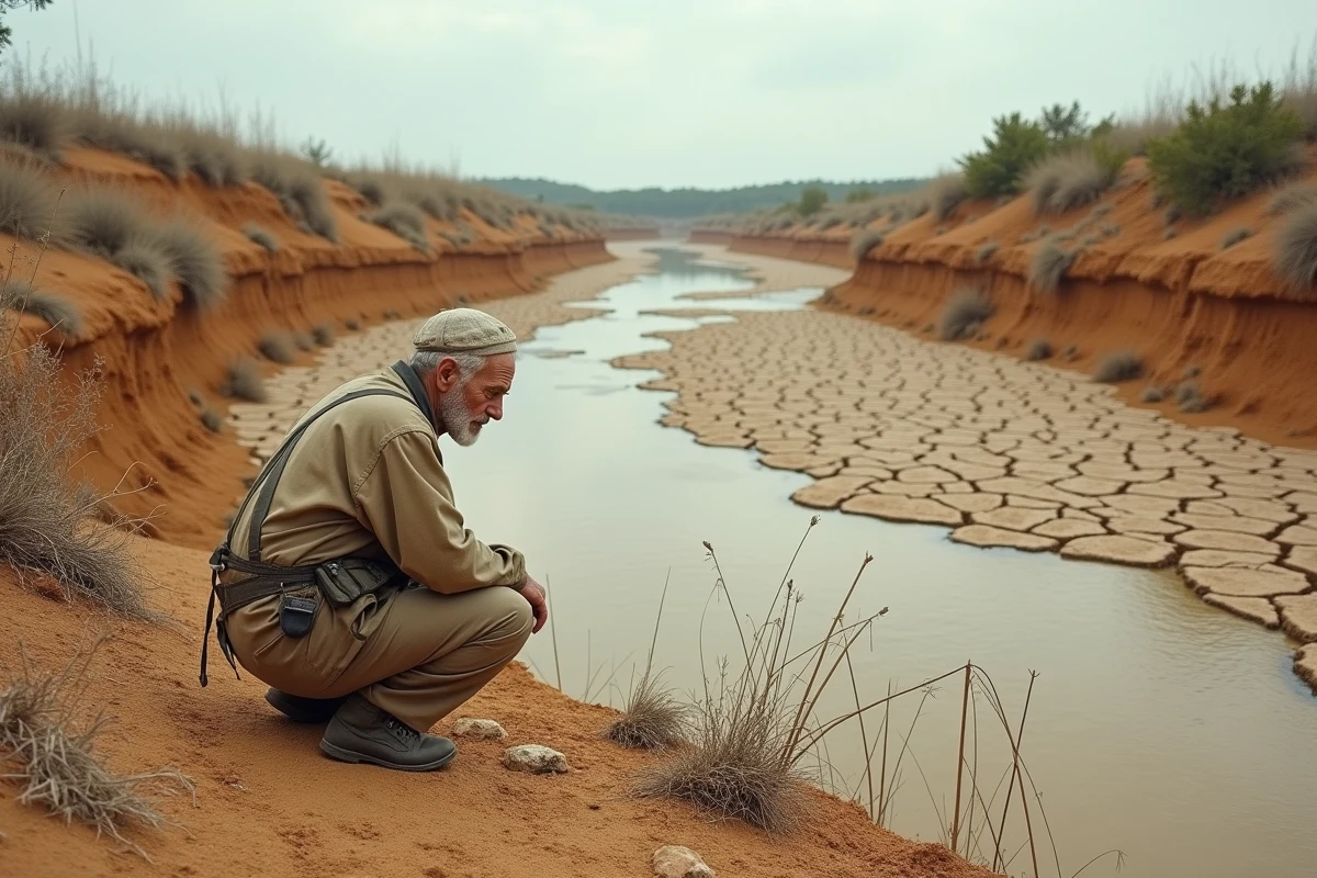 Lit de rivière asséché en Europe du Sud avec des fissures d'argile et un chercheur en terrain observant les effets de la sécheresse sur l'écosystème fluvial