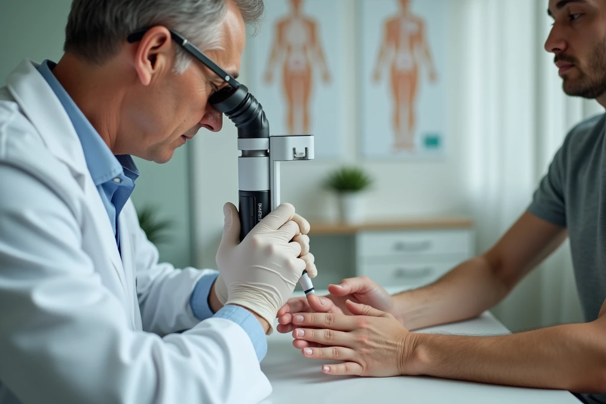 Dermatologue examinant les ongles d'un patient avec un dermatoscope lors d'une consultation médicale professionnelle