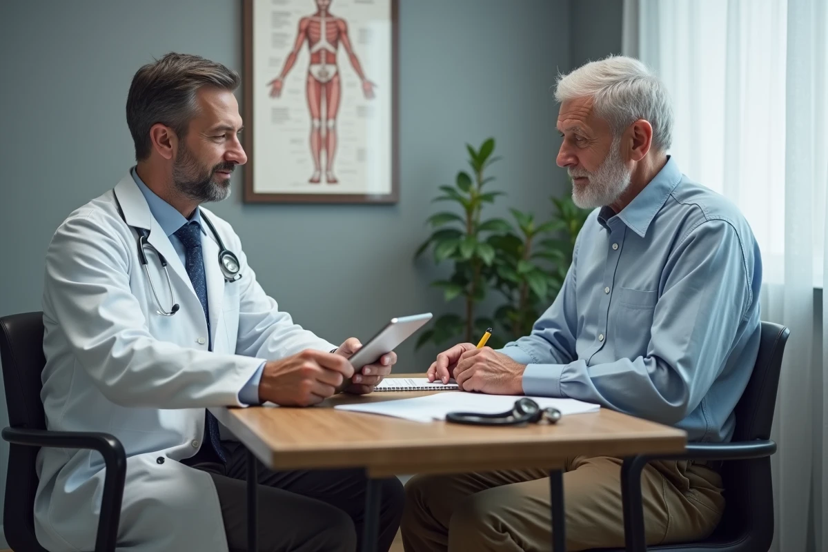 Médecin gériatre en consultation avec un patient âgé, évaluation médicale et principes de soins gériatriques