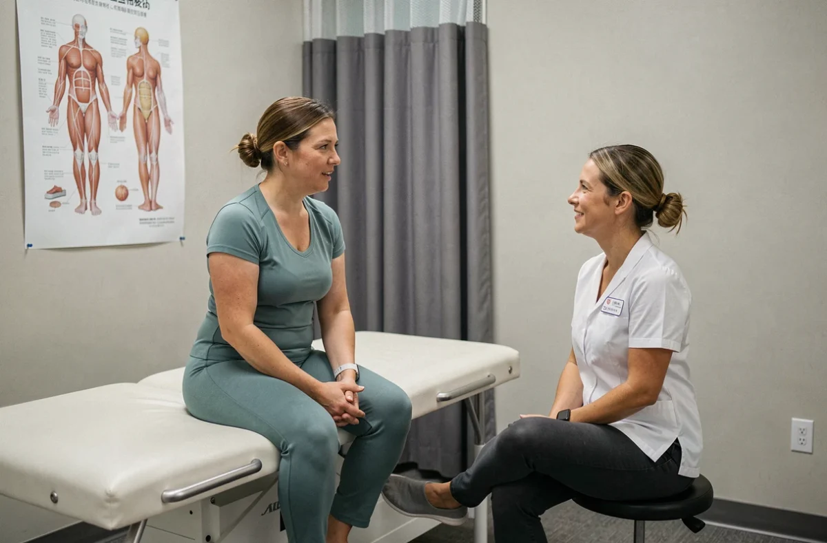 Patiente en consultation de kinésithérapie discutant de sa récupération de névralgie pudendale avec une praticienne de santé