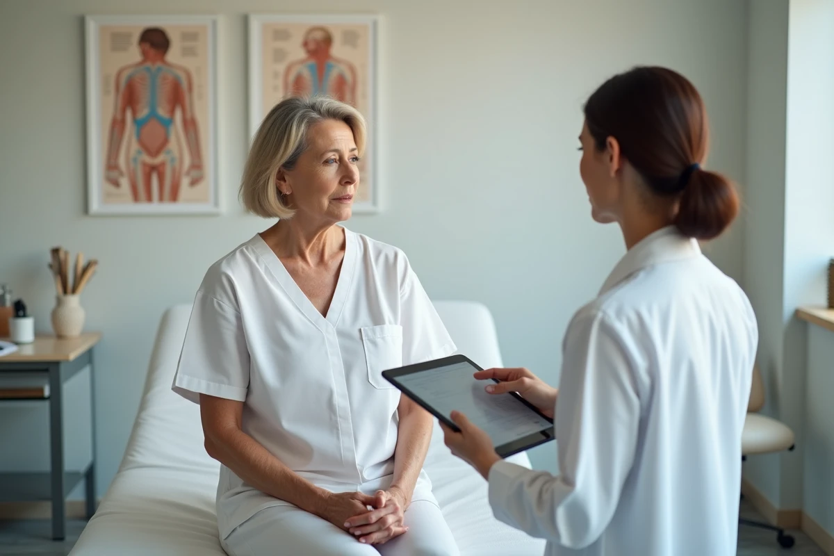Femme d'âge mûr en consultation médicale discutant de résultats d'analyse de sang avec une médecin, dans une clinique moderne