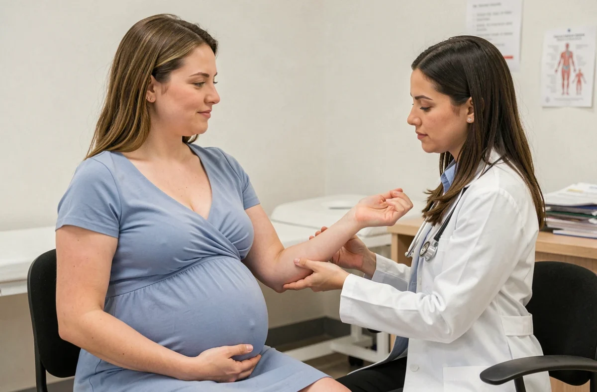 Femme enceinte en consultation médicale pour des fourmillements dans le bras gauche, examinée par une médecin