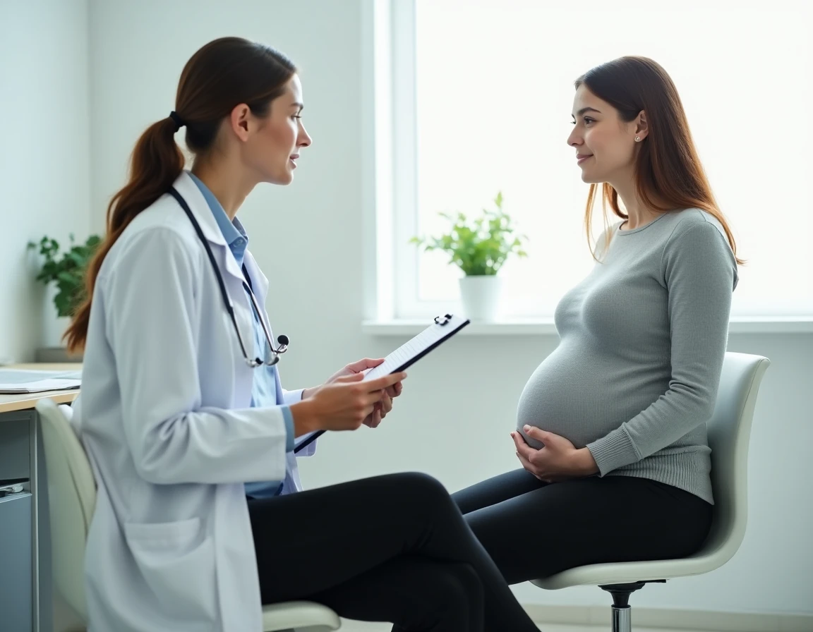 Femme enceinte en consultation médicale avec son médecin pour une déclaration d'arrêt maladie