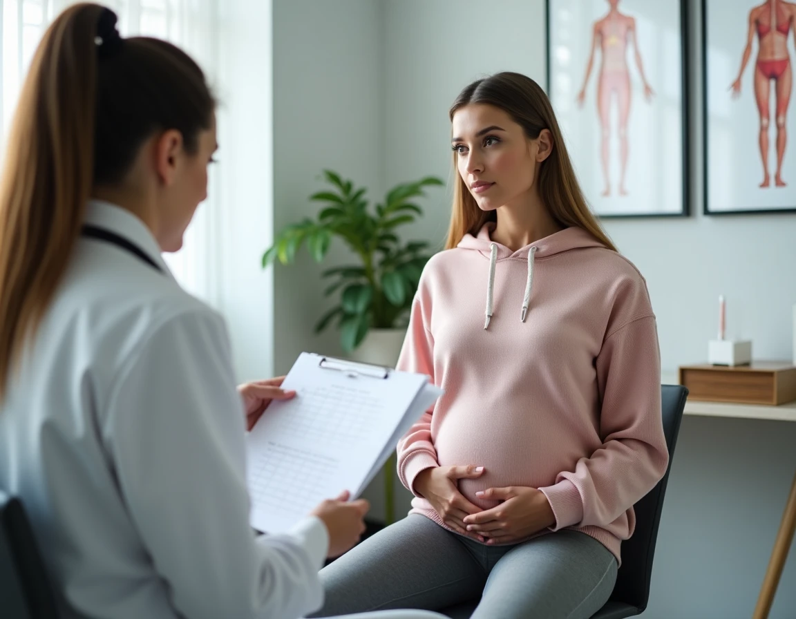 Femme enceinte en consultation médicale sportive discutant de l'arrêt des sports de contact avec une médecin, devant un calendrier de suivi