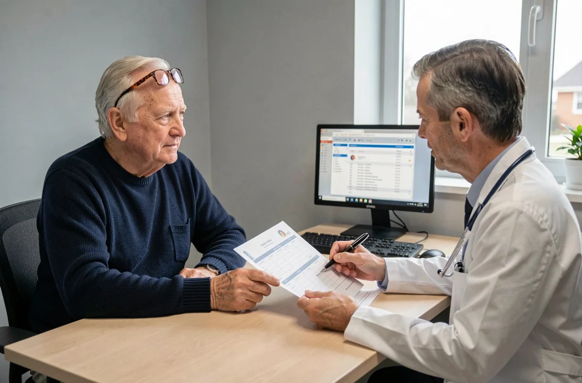 Un médecin généraliste conseille un patient senior sur le calendrier vaccinal recommandé après 65 ans lors d'une consultation