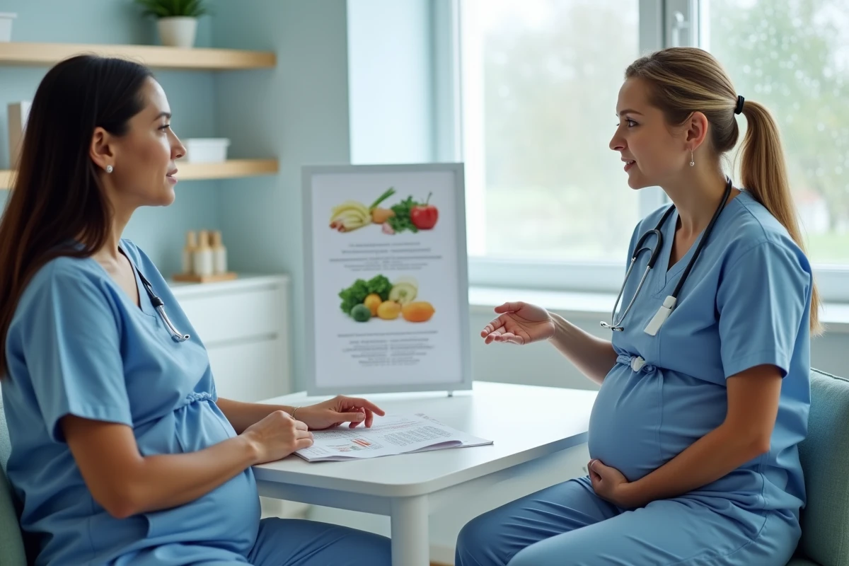 Consultation médicale entre une sage-femme et une femme enceinte sur les risques de consommation de thon pendant la grossesse