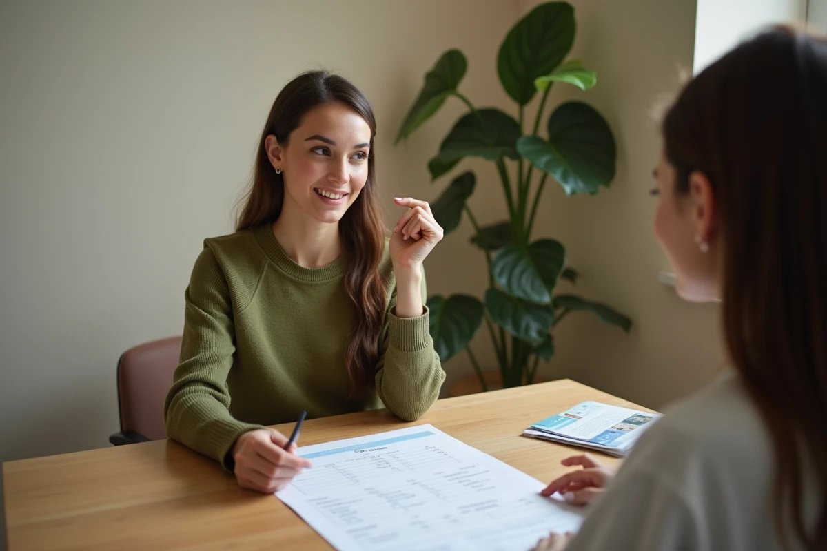 Jeune femme consultant une nutritionniste autour d'un plan alimentaire pour réhabituer progressivement son estomac à la nourriture