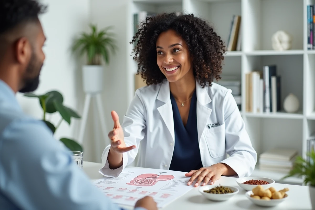 Nutritionniste expliquant les remèdes naturels contre le reflux gastrique lors d'une consultation médicale