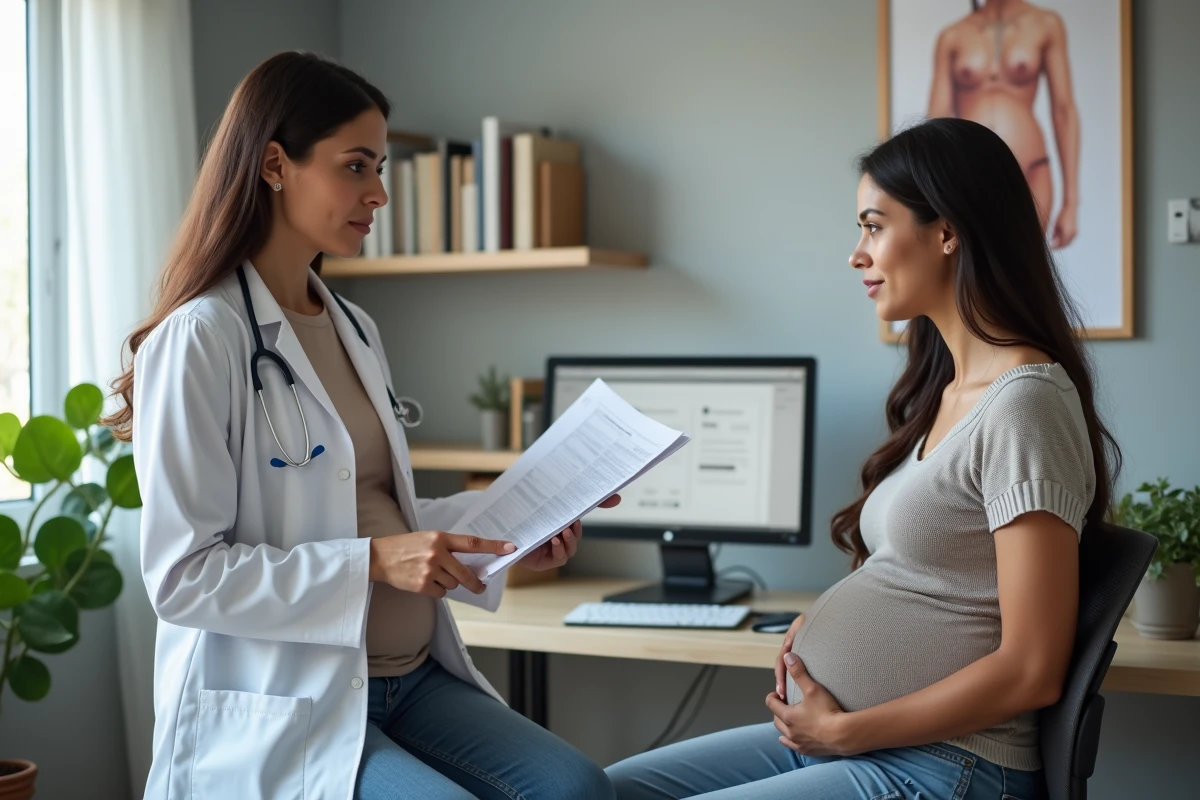 Obstétricienne expliquant le processus de déclenchement du travail à une patiente enceinte en consultation prénatale