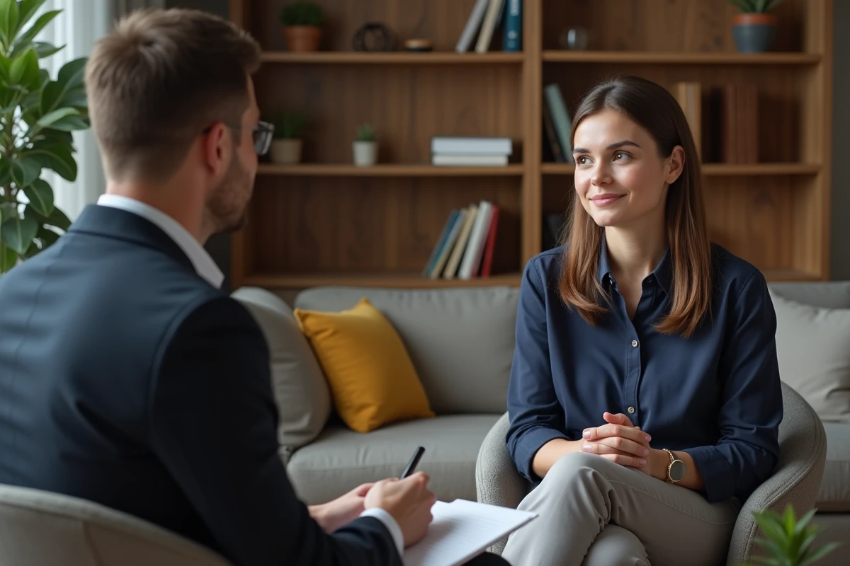 Séance de consultation avec un psychologue dans un cabinet professionnel chaleureux