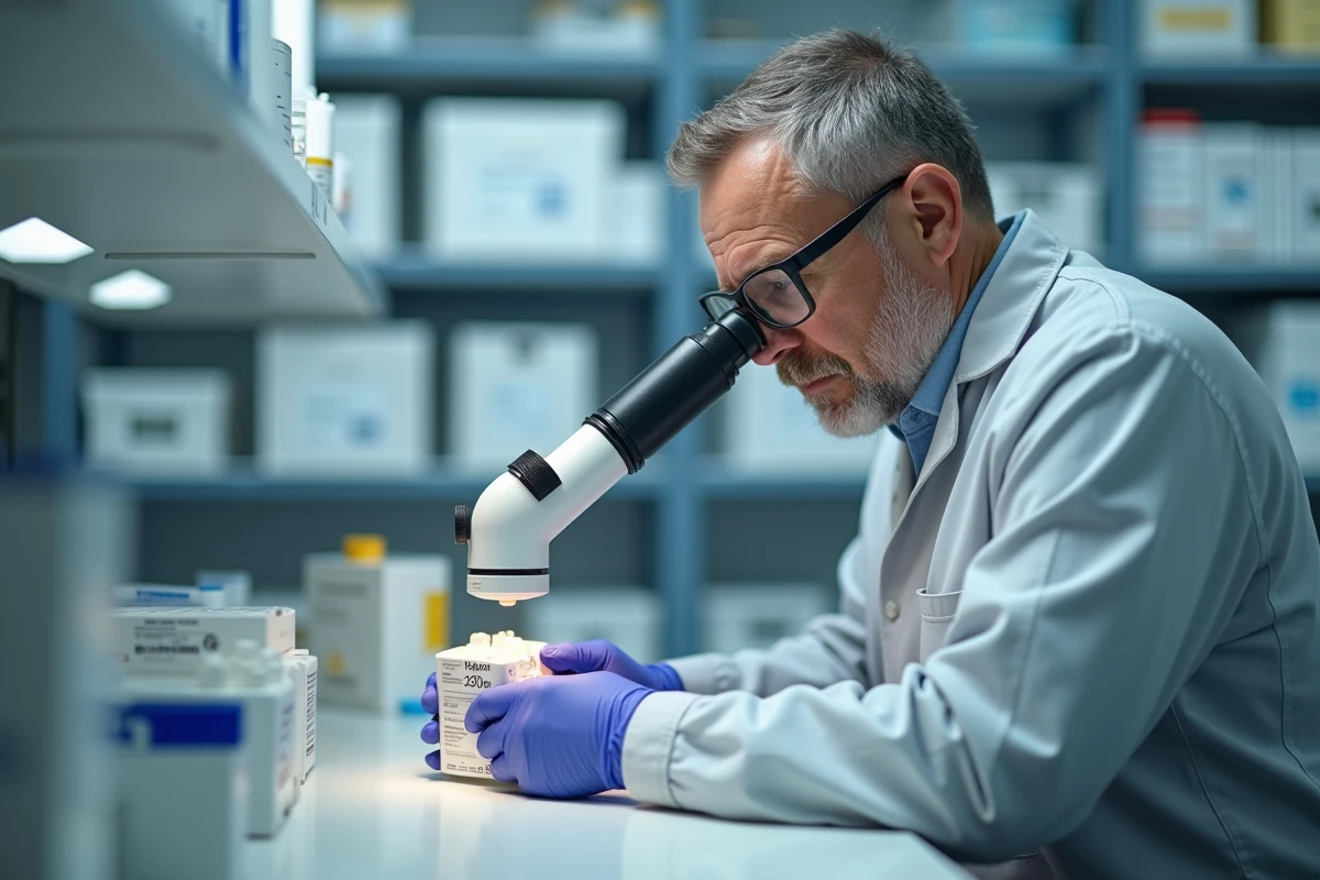 Inspecteur qualité examinant un emballage de médicament avec une loupe dans une salle de contrôle qualité pharmaceutique