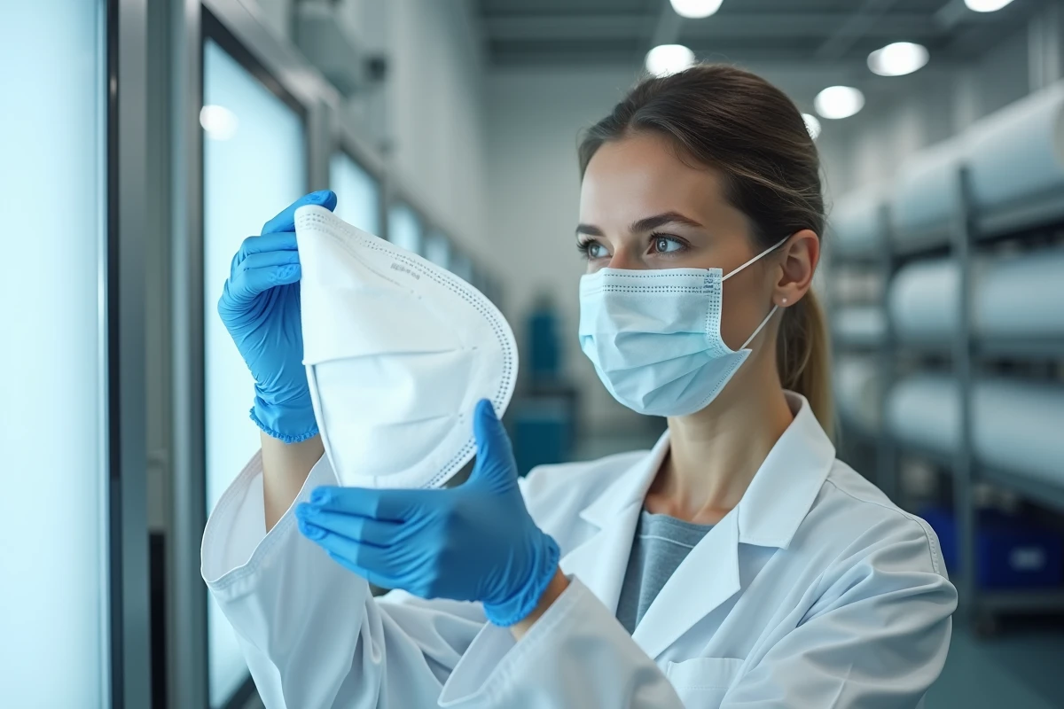 Technicien en contrôle qualité inspectant un masque fabriqué avec des matériaux de haute qualité dans une usine de production