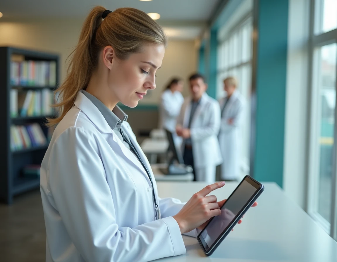 Coordinatrice de soins consultant un plan de soins numérique sur tablette au poste infirmier d'un établissement médico-social