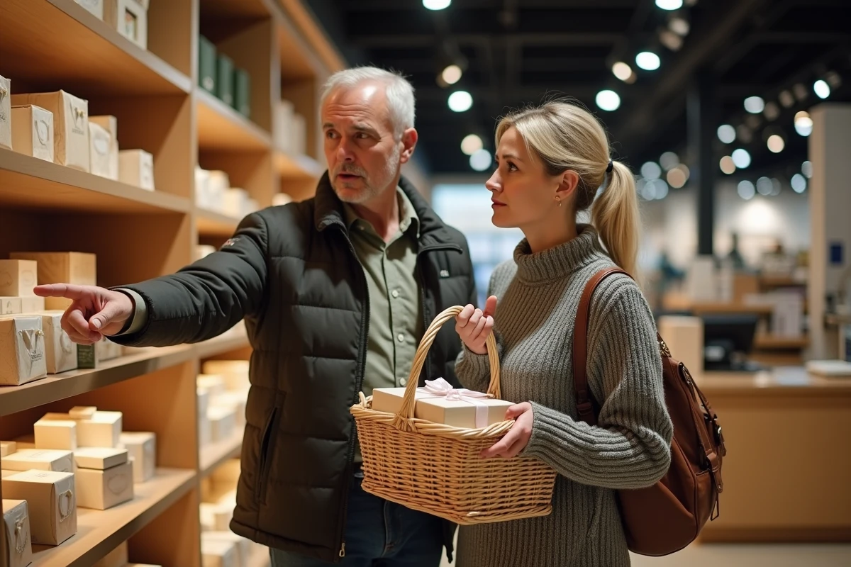 Couple dans une boutique de cadeaux, homme insistant pour choisir un article coûteux pendant que la femme détourne le regard avec gêne
