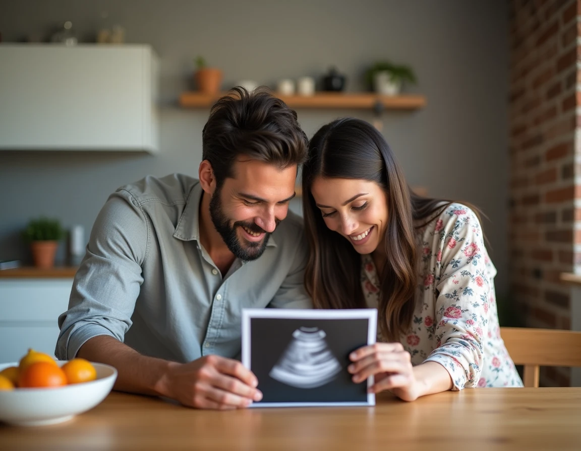 Couple regardant une échographie pour découvrir le sexe de leur bébé, garçon ou fille