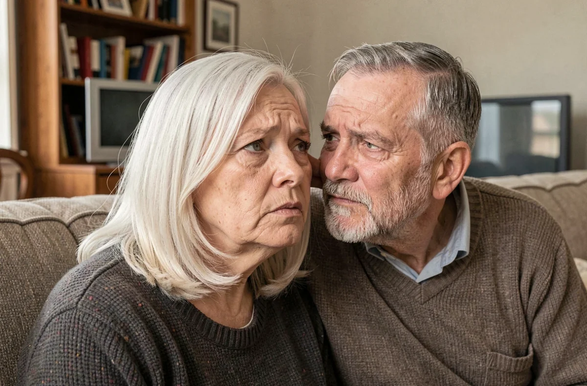 Couple de seniors dans un salon, l'un répétant ses mots à l'autre en raison de difficultés auditives