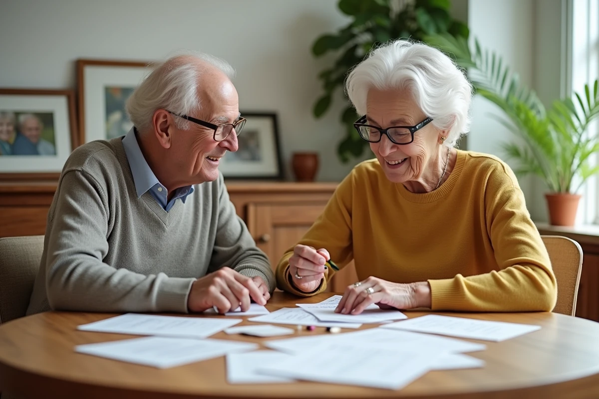 Couple de personnes âgées pratiquant des exercices de mémoire avec des cartes et une liste écrite pour prévenir l'oubli