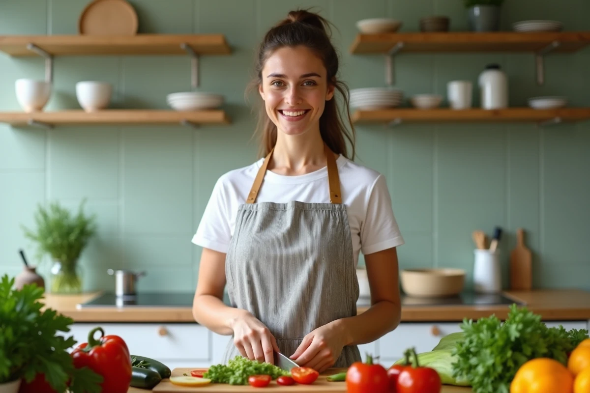 Jeune femme cuisinant sainement à la maison dans une démarche positive face à la peur de grossir
