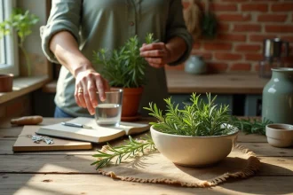 Cure maison au romarin : bol de brins frais de romarin sur une table en bois avec notes de posologie et verre d'eau
