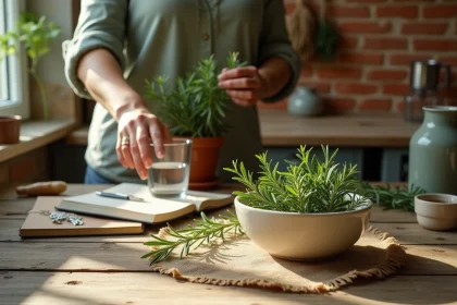 Cure maison au romarin : bol de brins frais de romarin sur une table en bois avec notes de posologie et verre d'eau
