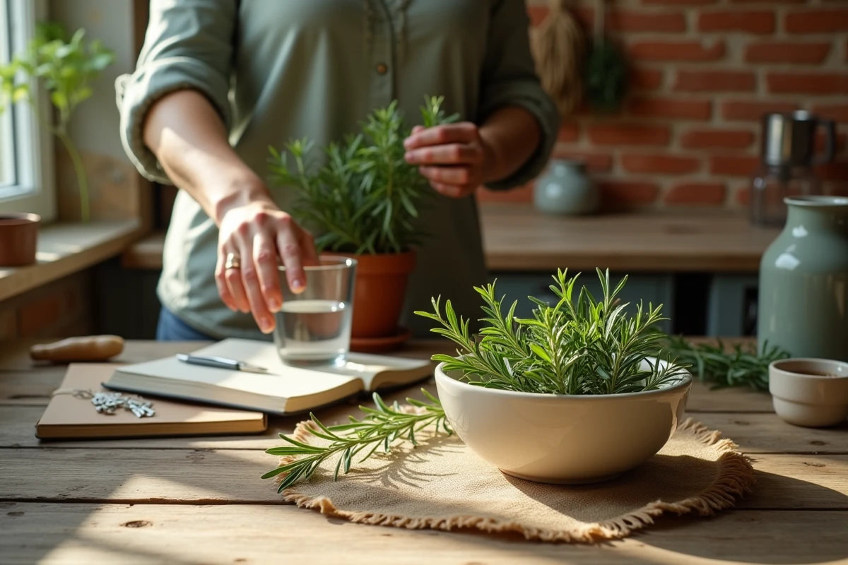 Cure maison au romarin : bol de brins frais de romarin sur une table en bois avec notes de posologie et verre d'eau