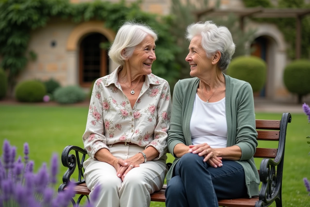 Deux femmes en cure thermale de rhumatologie à la campagne assises dans le jardin d'un établissement thermal provençal entouré de lavande