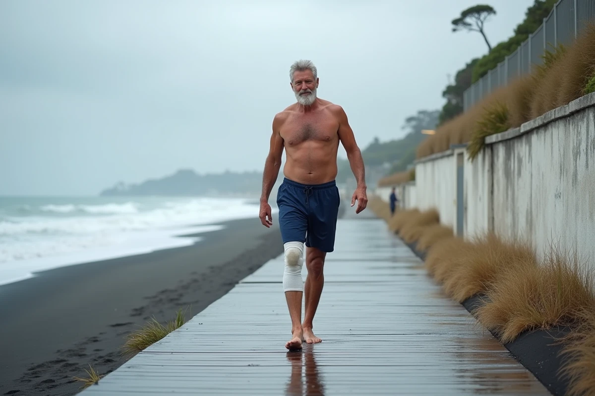Homme en cure thermale de rhumatologie marchant sur une promenade en bois face à la mer lors d'une séance de thalassothérapie