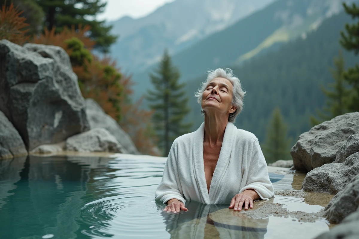 Femme en cure thermale de rhumatologie dans une piscine naturelle de montagne entourée de rochers et de forêt de conifères