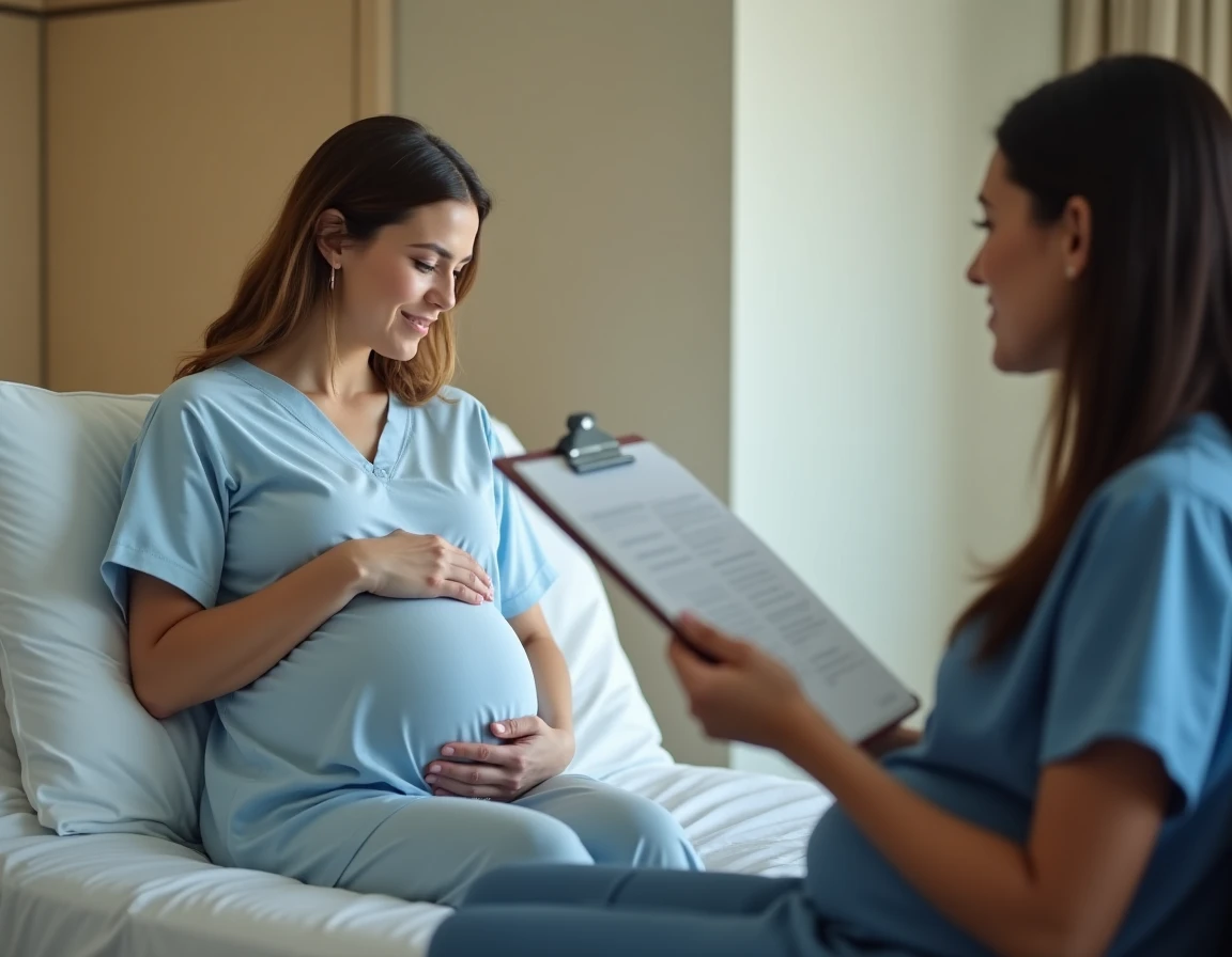 Femme enceinte en salle de maternité discutant du déclenchement du travail avec une sage-femme