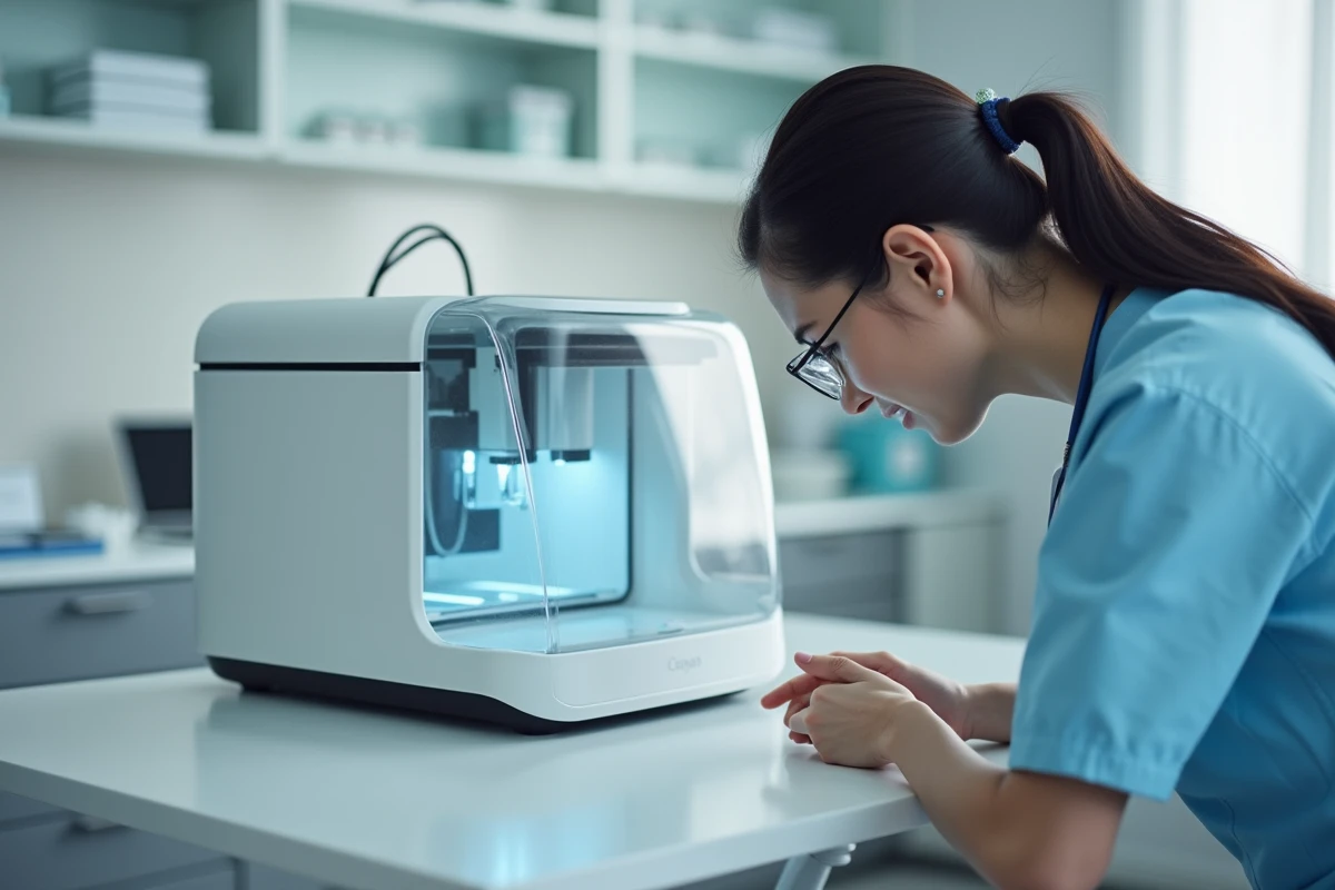 Dentiste examinant les paramètres d'une imprimante 3D dentaire de bureau dans une clinique dentaire contemporaine