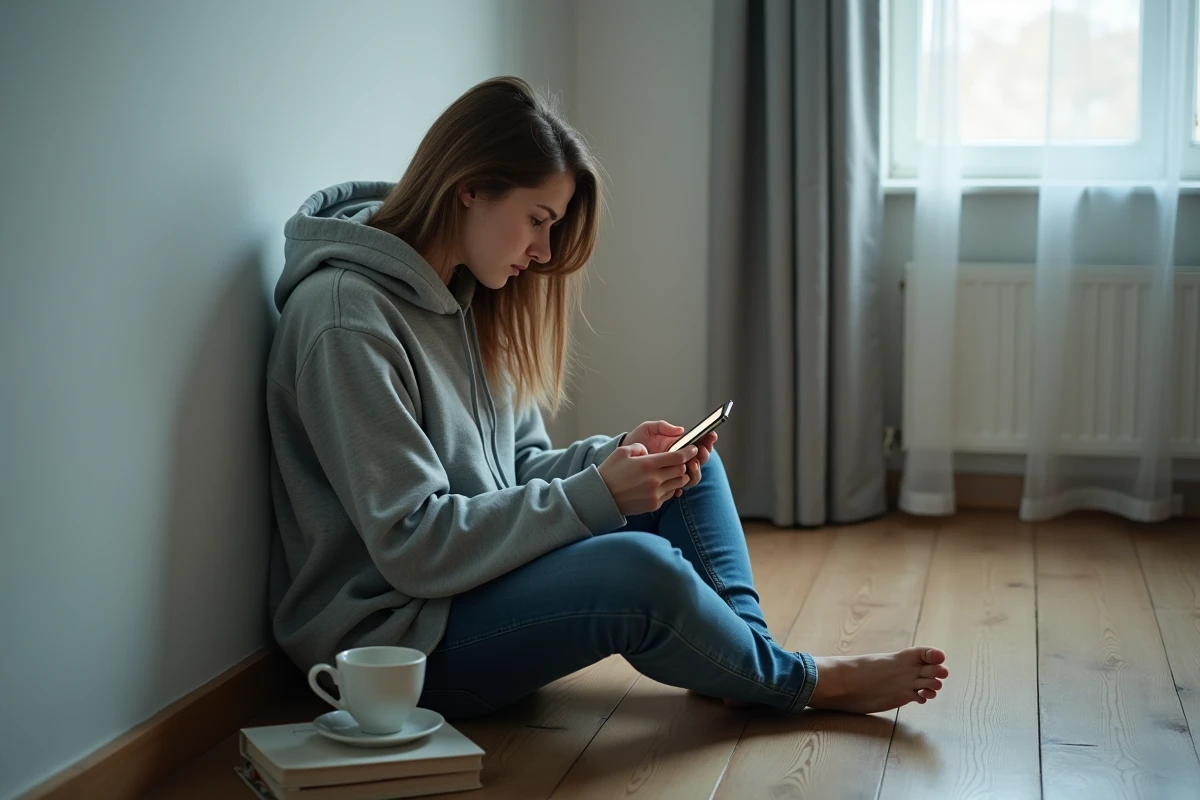 Jeune femme déprimée seule sur le sol consultant son smartphone, illustrant le lien entre réseaux sociaux et dépression