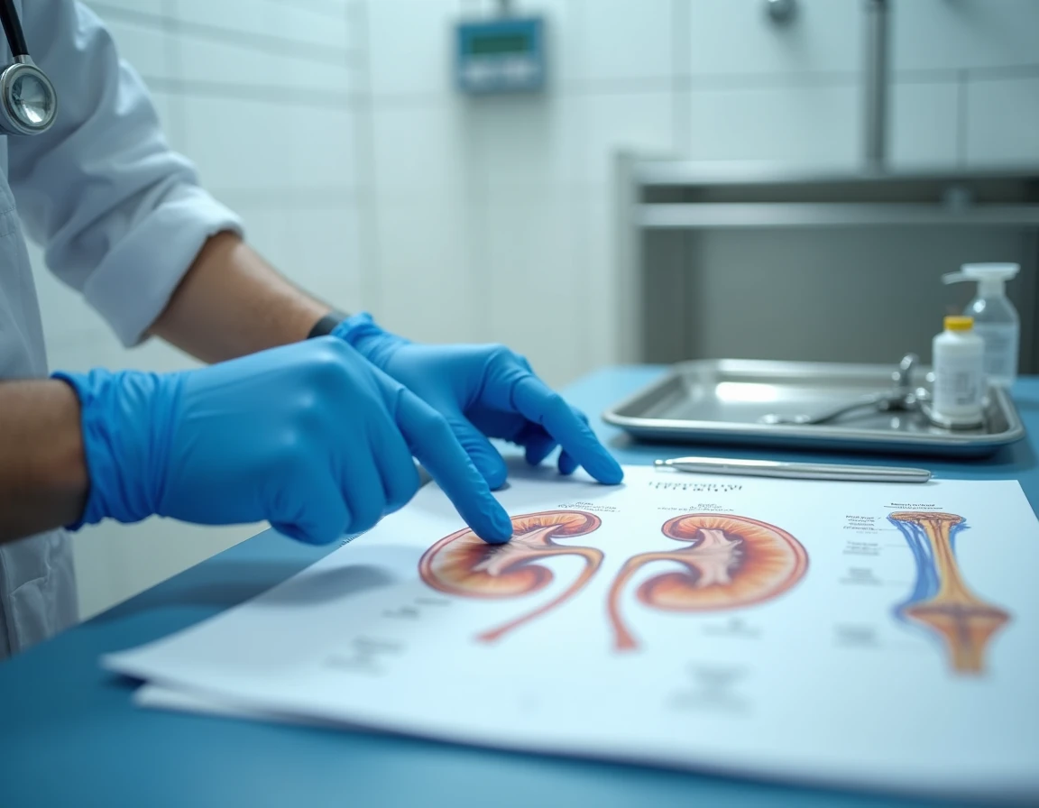Gros plan sur les mains d'un médecin pointant un schéma anatomique des organes affectés par une maladie auto-immune sur une table d'examen