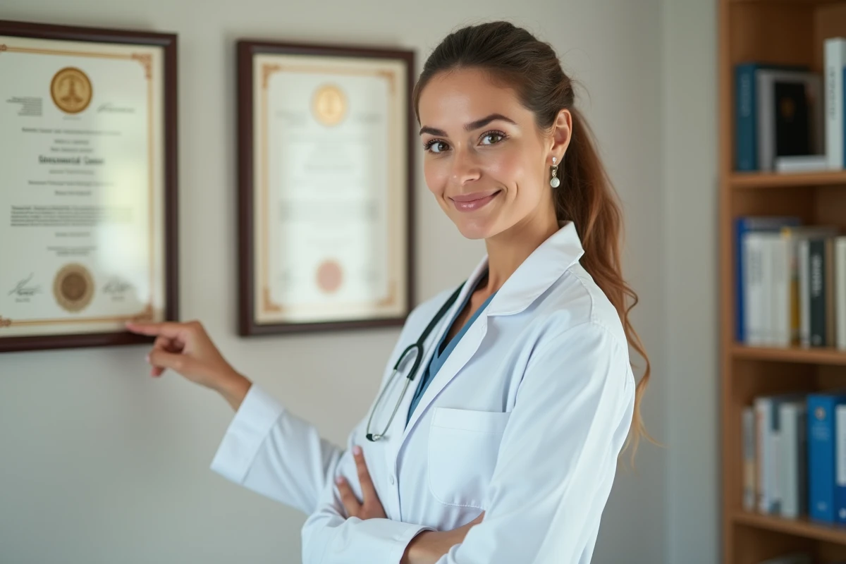 Médecin présentant ses diplômes médicaux encadrés et ses certificats de formation continue affichés sur le mur de son cabinet