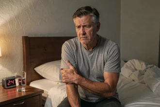 Homme d'âge mûr tenant son bras gauche douloureux assis sur le bord de son lit la nuit