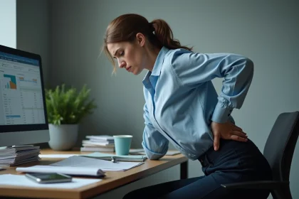 Femme au bureau souffrant de douleur dans le bas du dos droit liée au stress au travail