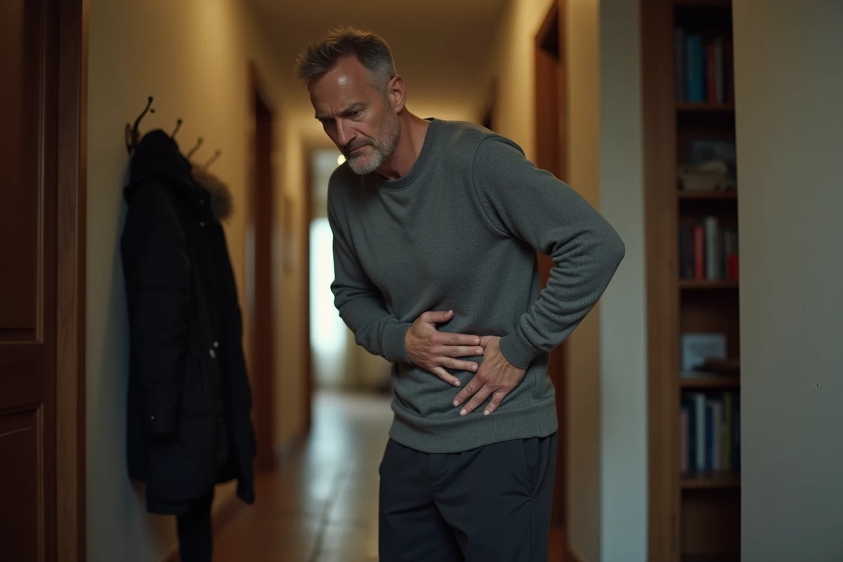 Homme à la maison tenant son bas du dos droit douloureux à cause du stress et de l'anxiété
