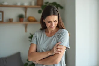 Femme tenant sa main sous l'aisselle gauche avec une expression préoccupée, illustrant une douleur sous l'aisselle et des ganglions enflés