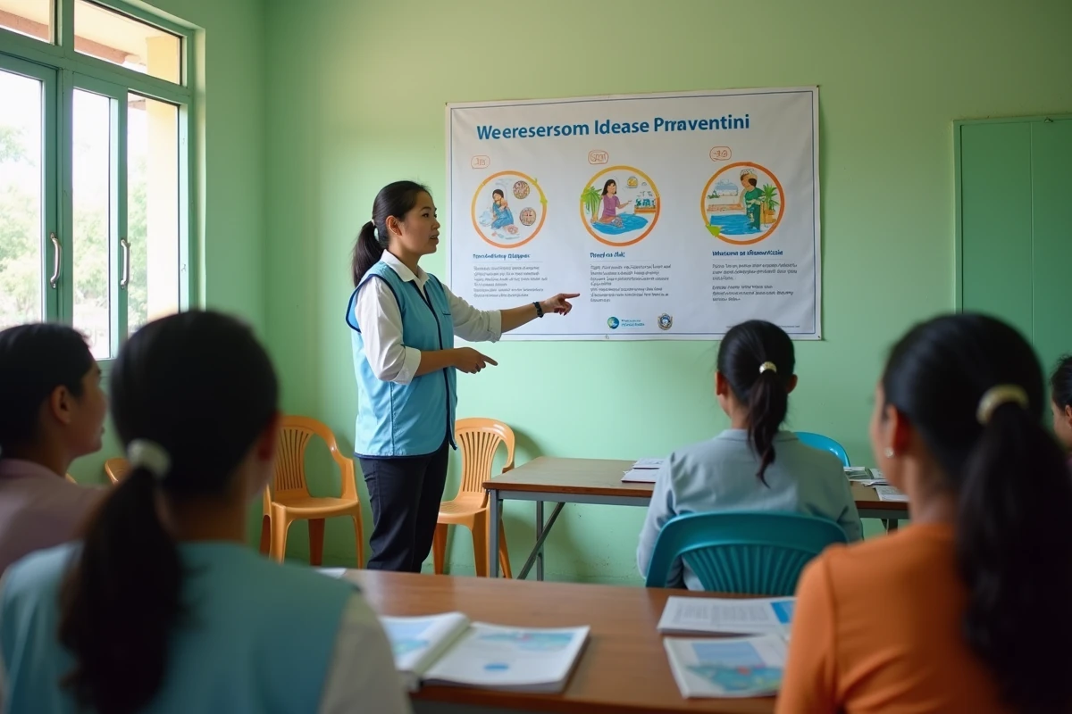 Travailleuse de santé présentant des affiches éducatives sur la prévention des maladies liées à l'eau dans un centre communautaire en Asie du Sud-Est