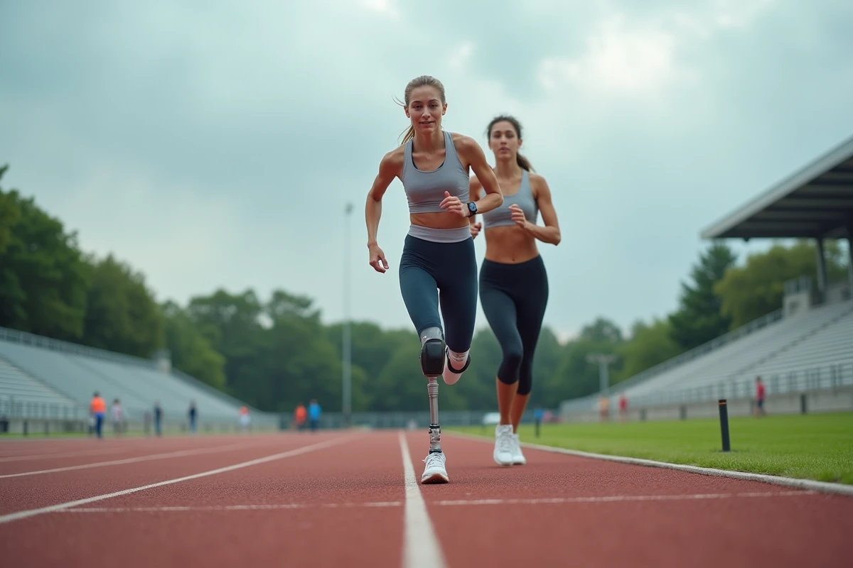 Une coach encourage une athlète amputée sur une piste d'athlétisme lors d'un entraînement en plein air