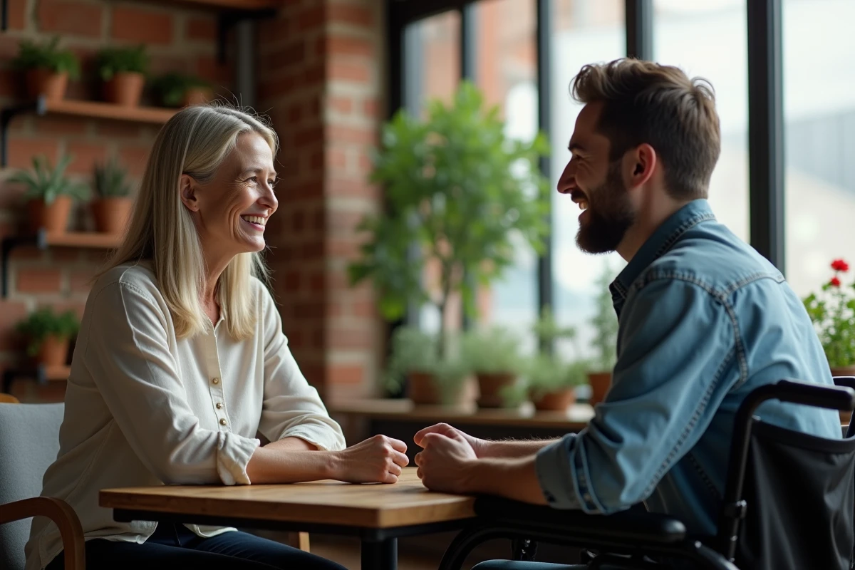 Une femme encourage chaleureusement un homme en fauteuil roulant lors d'une conversation dans un café accueillant