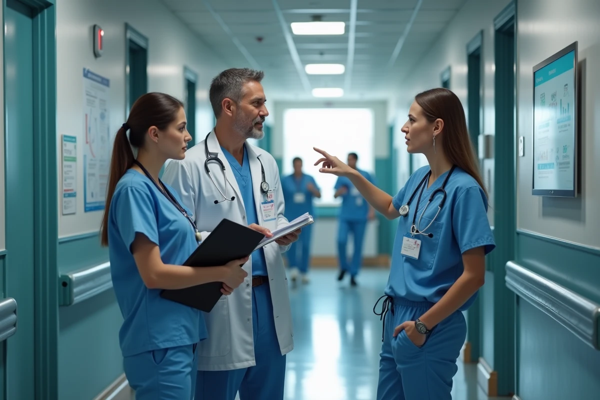 Équipe interdisciplinaire de soins de santé en discussion dans un couloir d'hôpital autour d'un plan de soins