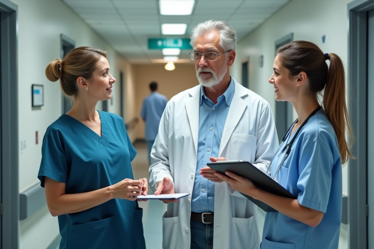 Équipe pluridisciplinaire de soins gériatriques en discussion dans un couloir hospitalier, approche collaborative de la gériatrie