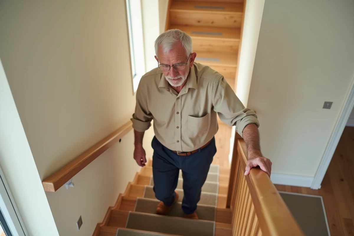 Homme senior descendant un escalier sécurisé avec main courante et nez de marche antidérapants à domicile