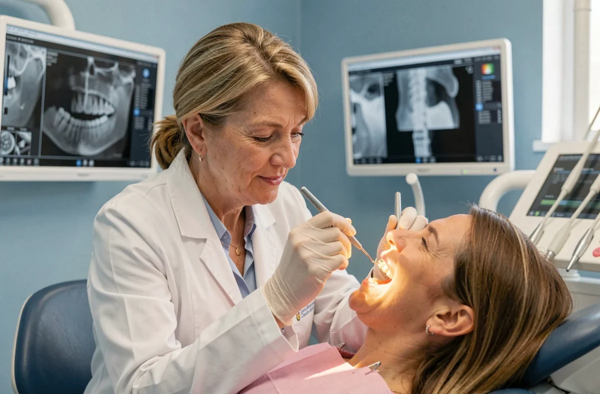 Dentiste expérimentée de l'Espace Dentaire Santéa examinant soigneusement les dents d'un patient dans une salle équipée