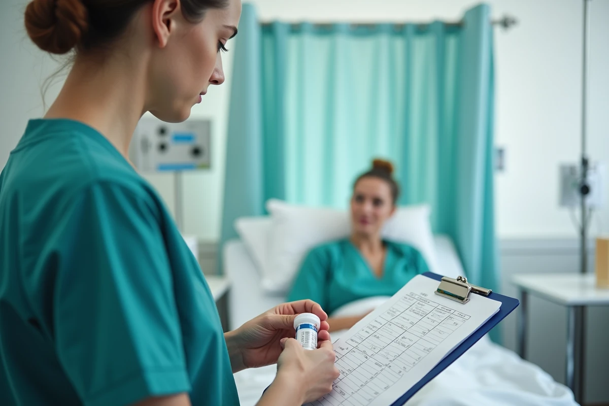 Infirmière effectuant les étapes d'administration d'un médicament à un patient hospitalisé