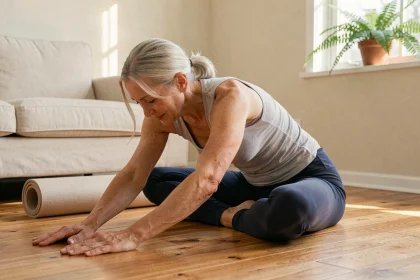 Femme senior pratiquant un étirement de mobilité articulaire assise sur le sol de son salon